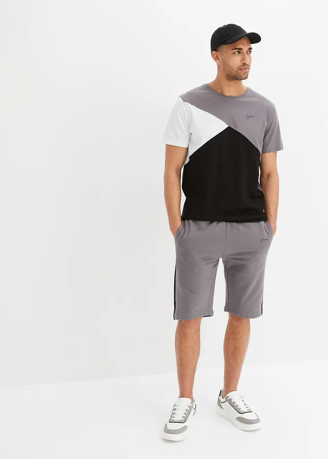 T-shirt en sweat bermuda (2-dlg. set), Kleur: rookgrijs-wit-zwart