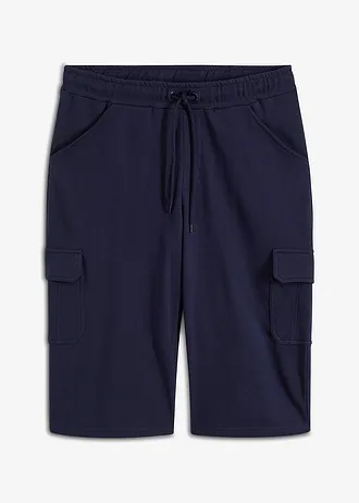 Bermuda cargo long en sweat 100% coton, regular, Couleur: bleu foncé