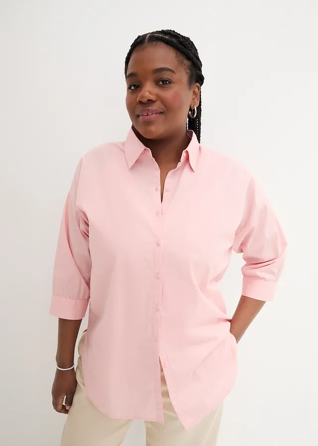 Oversized blouse van katoen met 3/4 mouwen, Kleur: zoet roze