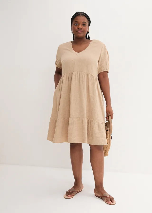 Oversized katoenen jurk van mousseline, Kleur: lichtkaki