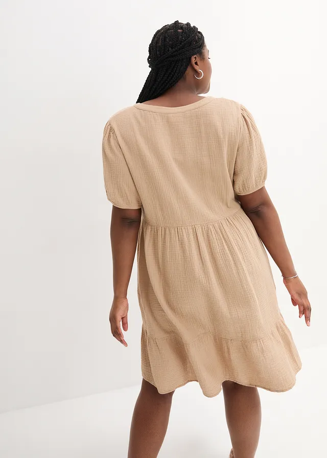 Oversized katoenen jurk van mousseline, Kleur: lichtkaki