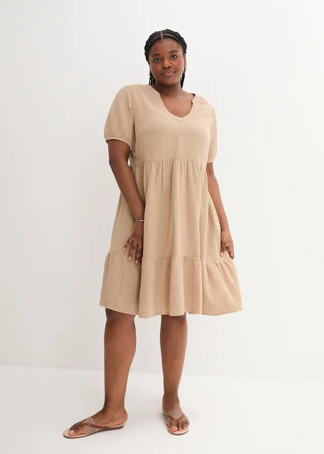 Oversized katoenen jurk van mousseline, Kleur: lichtkaki