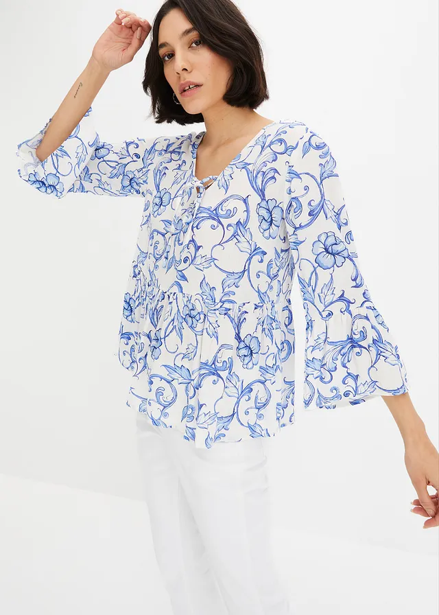 Tuniekblouse van soepele viscose, Kleur: wit-blauw gebloemd