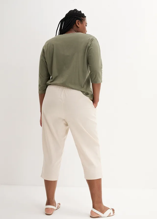Pantalon carotte en lin et coton, Couleur: beige galet