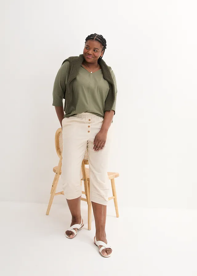 Pantalon carotte en lin et coton, Couleur: beige galet