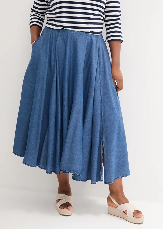 Jupe en jean, taille haute et élastiquée, Couleur: bleu denim
