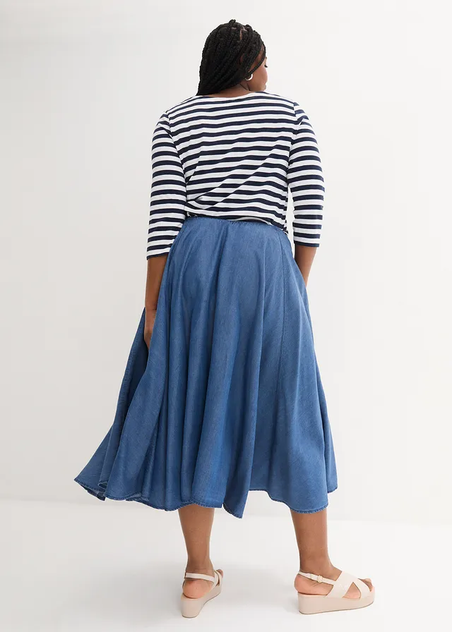 Jupe en jean, taille haute et élastiquée, Couleur: bleu denim