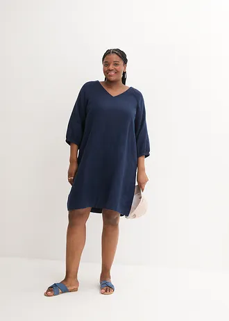 Korte jurk van puur linnen, 3/4 mouw, Kleur: donkerblauw