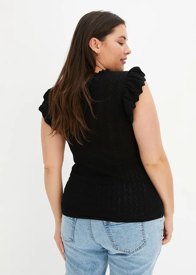 Gebreid shirt in een zachte viscosemix, Kleur: zwart