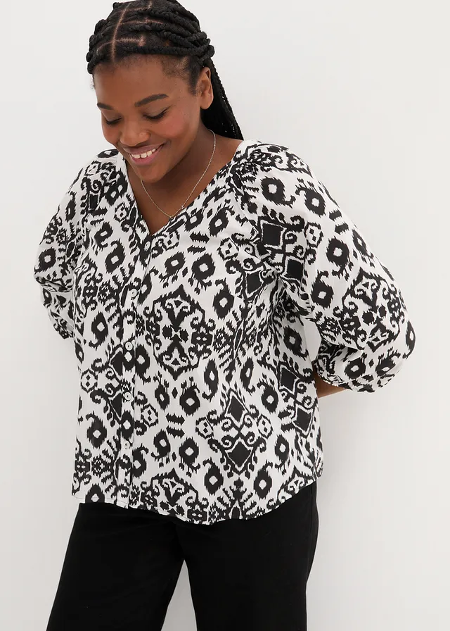 Chemisier 100% coton, Couleur: blanc-noir paisley
