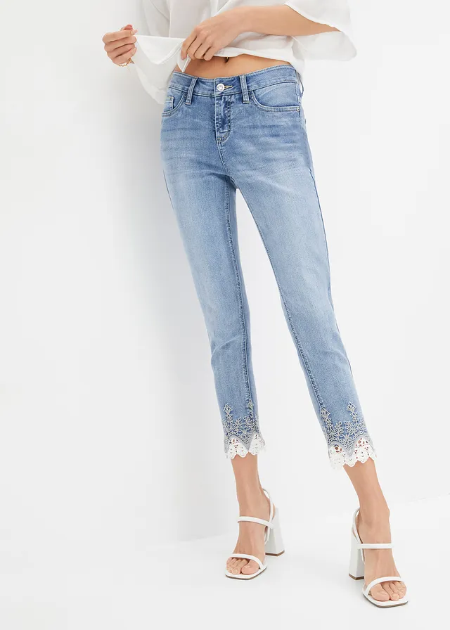 Jean skinny à dentelle, cropped, Couleur: bleu denim