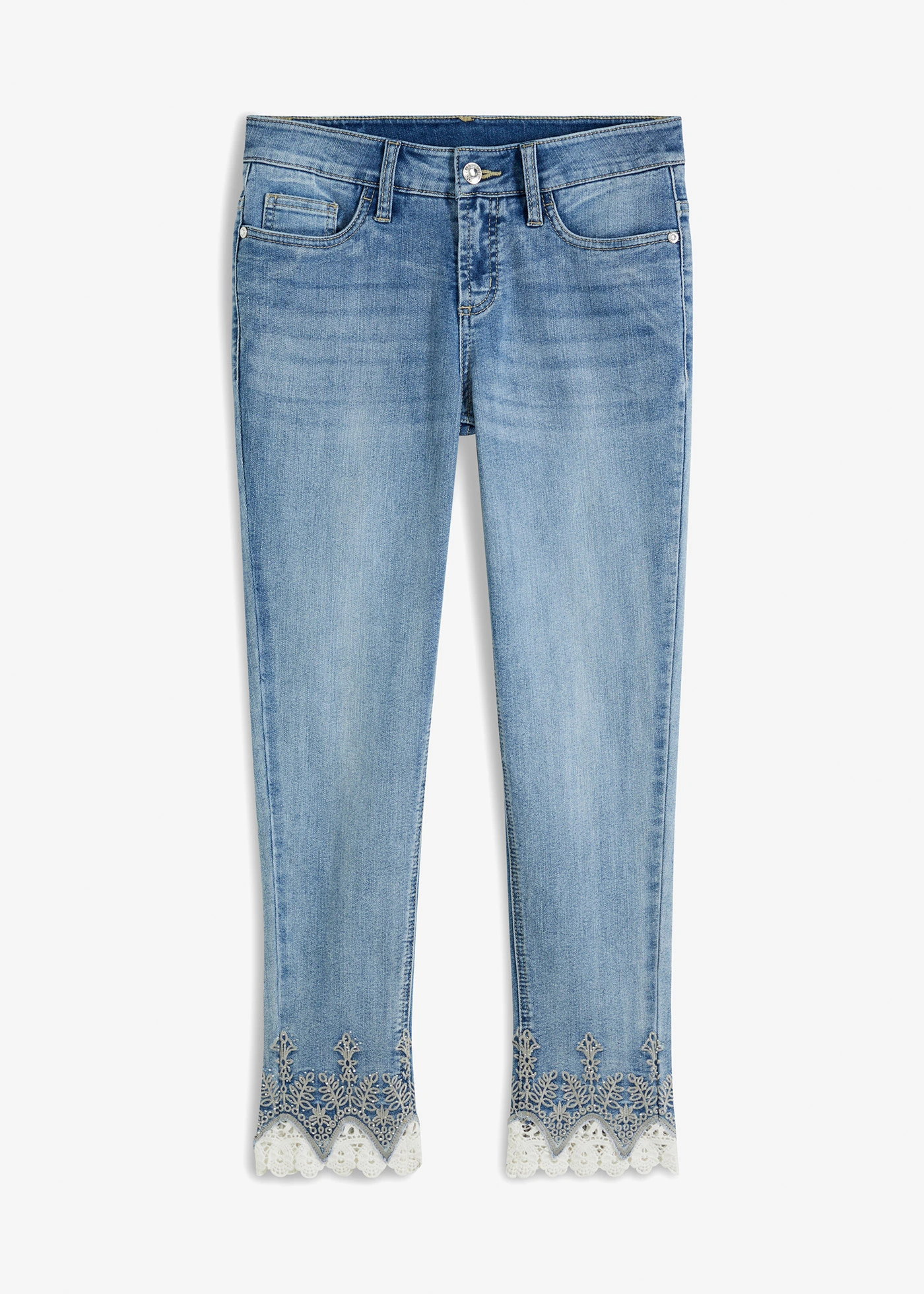 Jeansy skinny z koronką, cropped • niebieski denim • sklep bonprix