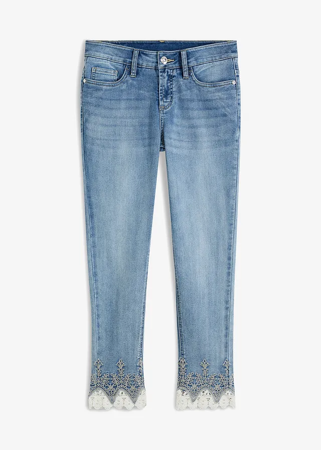 Skinny džínsy s čipkou, cropped • modrá denim • obchod bonprix