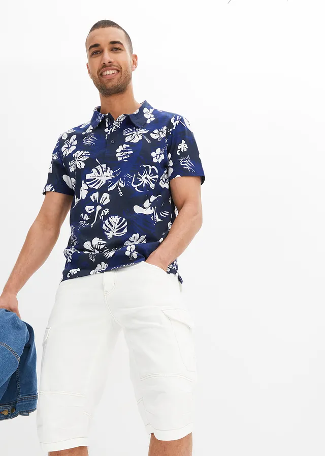 Jersey poloshirt van biologisch katoen, korte mouw • donkerblauw gebloemd • product-page.page-title-suffix