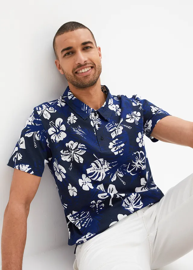Jersey poloshirt van biologisch katoen, korte mouw • donkerblauw gebloemd • product-page.page-title-suffix