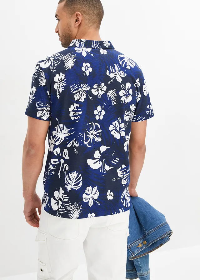 Jersey poloshirt van biologisch katoen, korte mouw, Kleur: donkerblauw gebloemd