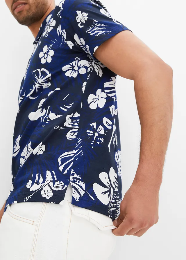 Jersey poloshirt van biologisch katoen, korte mouw • donkerblauw gebloemd • product-page.page-title-suffix