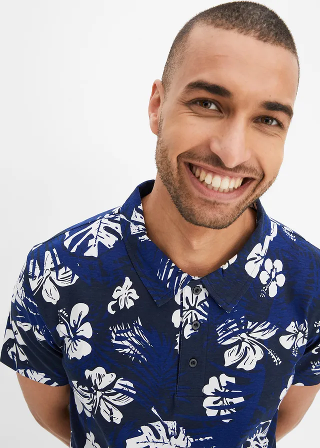 Jersey poloshirt van biologisch katoen, korte mouw • donkerblauw gebloemd • product-page.page-title-suffix