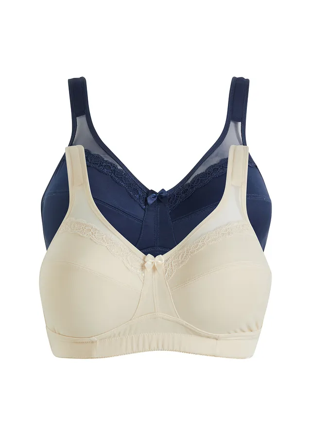 Lot de 2 soutiens-gorge grand maintien sans armatures, bretelles rembourrées, Couleur: beige sable + bleu foncé