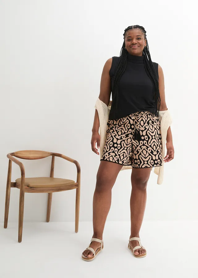 Jersey short van soepele viscose, Kleur: zwart-soft beige