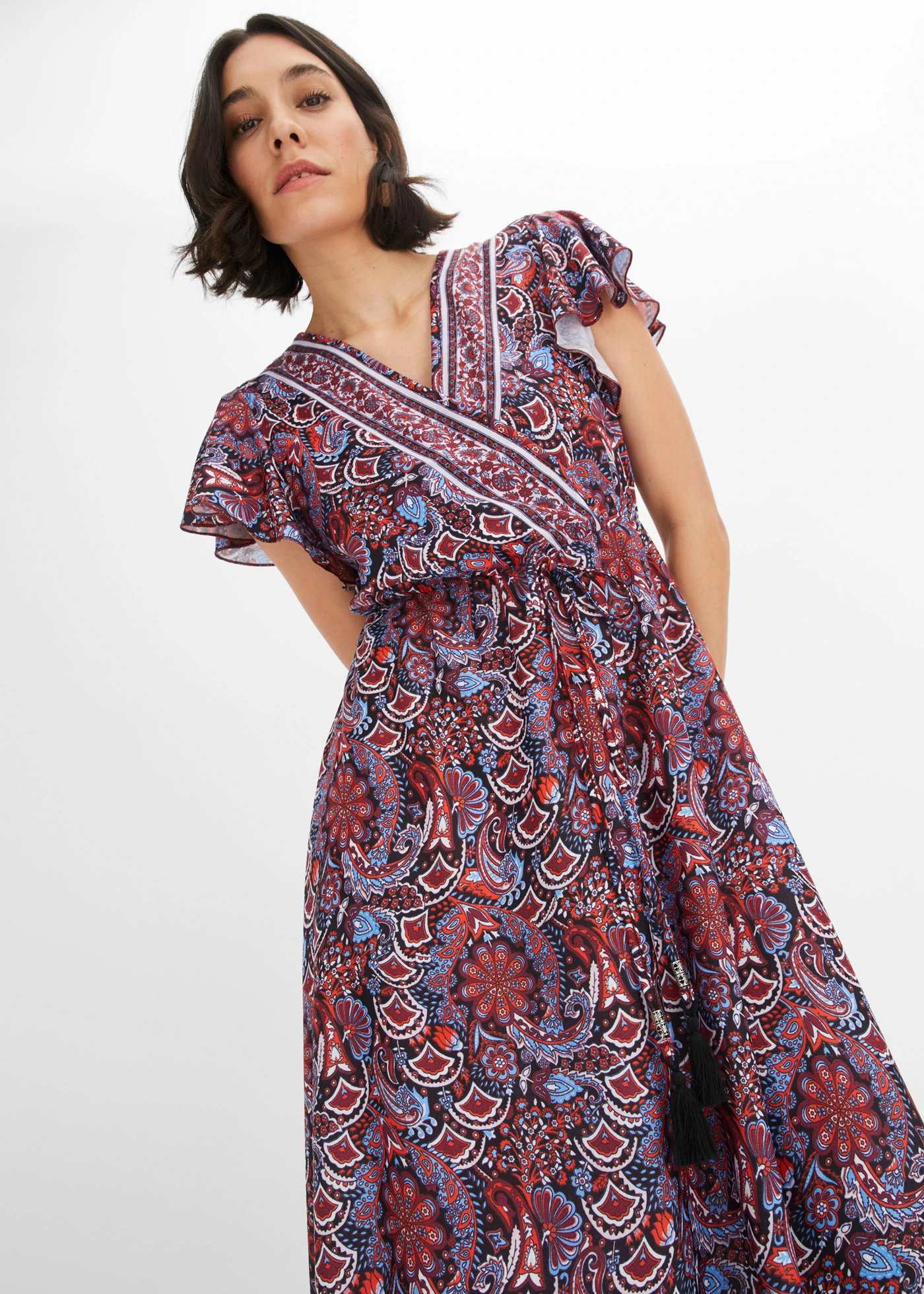 Robe longue en jersey imprimé • bleu-orange • Boutique bonprix