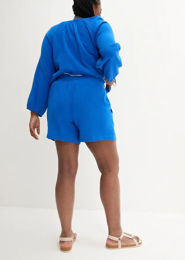 Mousseline short van katoen, Kleur: azuurblauw