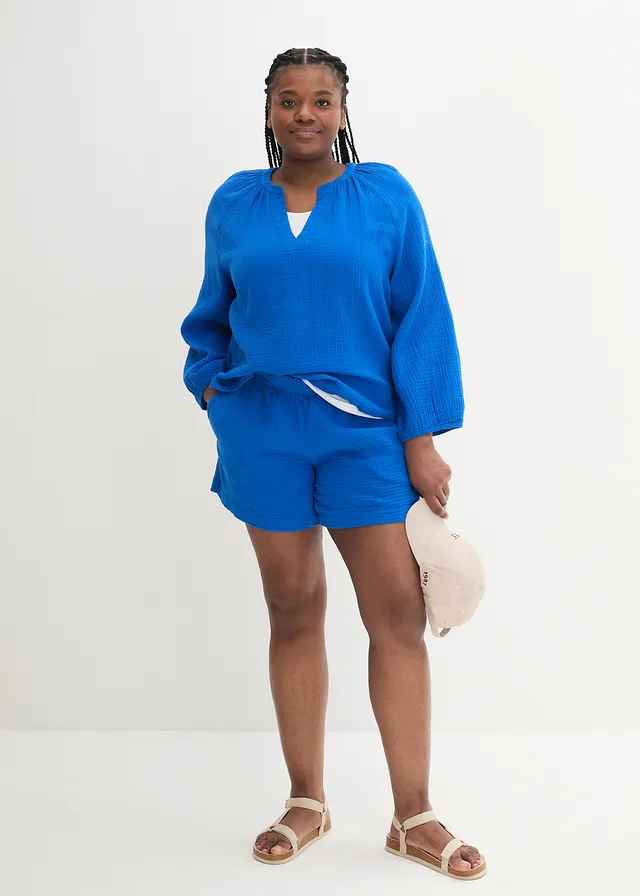 Mousseline short van katoen, Kleur: azuurblauw