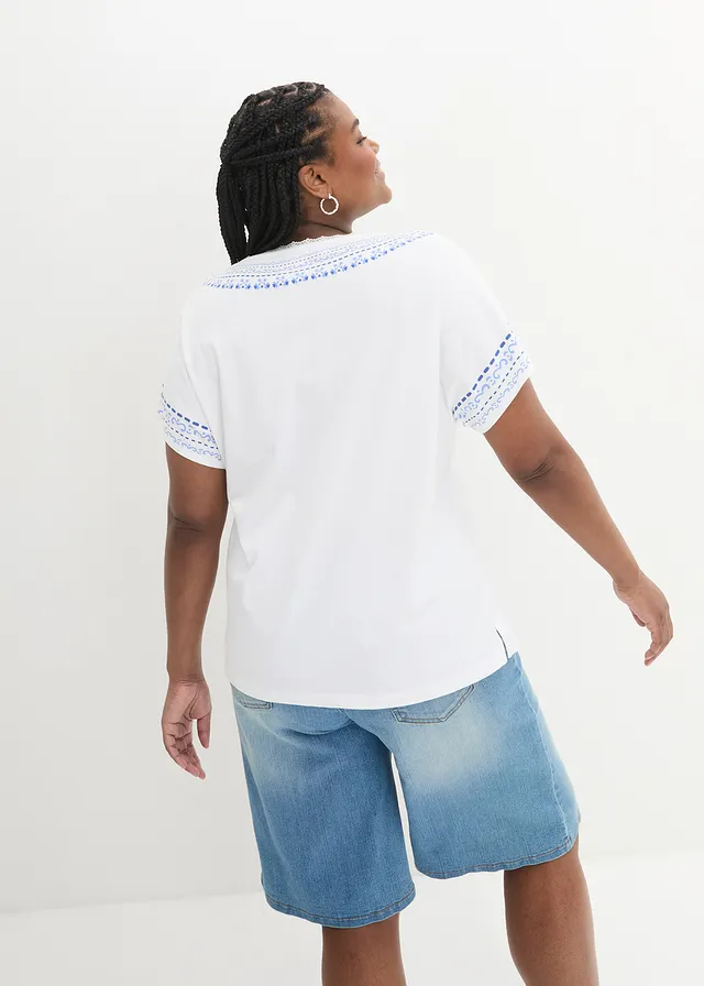 T-shirt coton ample avec imprimé brodé, Couleur: blanc imprimé