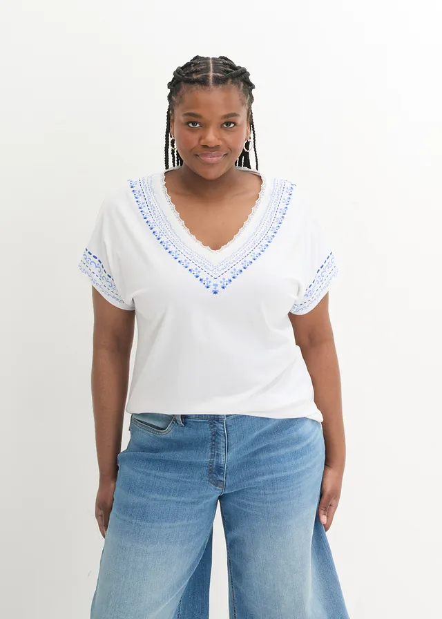 T-shirt coton ample avec imprimé brodé, Couleur: blanc imprimé