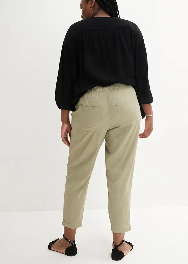 Pantalon en lin majoritaire avec empiècement de dentelle sur le côté, longueur cheville, Couleur: new kaki