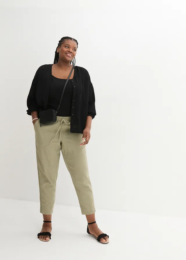 Pantalon en lin majoritaire avec empiècement de dentelle sur le côté, longueur cheville, Couleur: new kaki