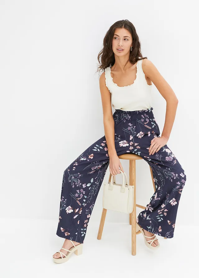 Pantalon en jersey de crêpe léger, Couleur: bleu foncé floral