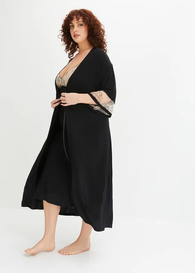 Long kimono en viscose avec broderies, Couleur: noir/beige craie