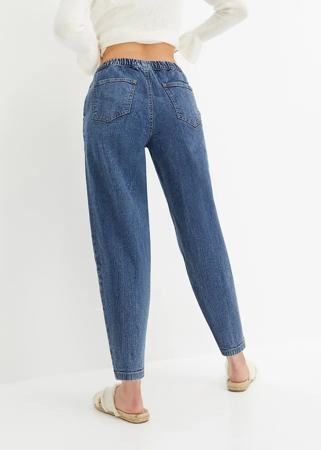 Jean barrel taille mi-haute élastiquée, Couleur: bleu denim