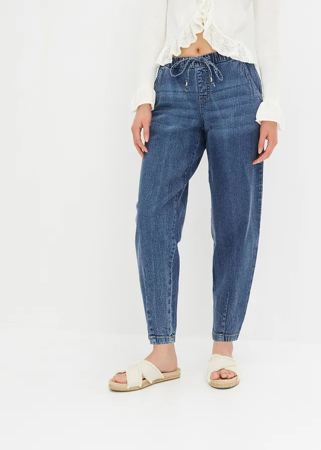 Barrel jeans met mid waist en comfortband, Kleur: blauw denim