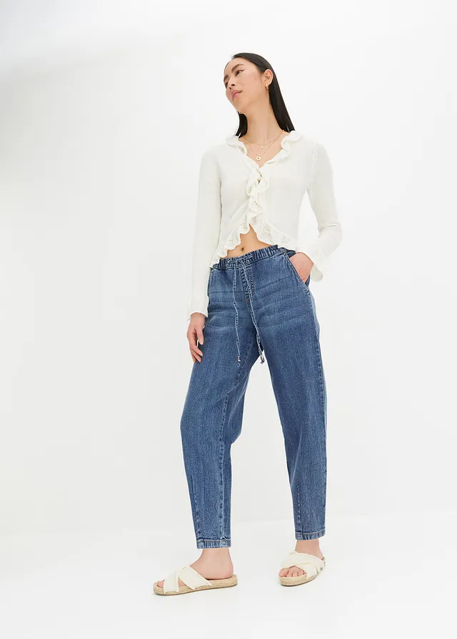Barrel jeans met mid waist en comfortband • blauw denim • product-page.page-title-suffix