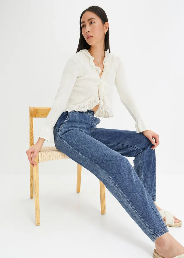 Jean barrel taille mi-haute élastiquée, Couleur: bleu denim