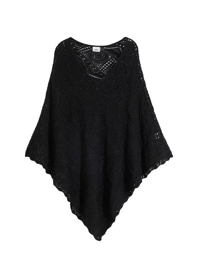 Poncho met gehaakte look, Kleur: zwart