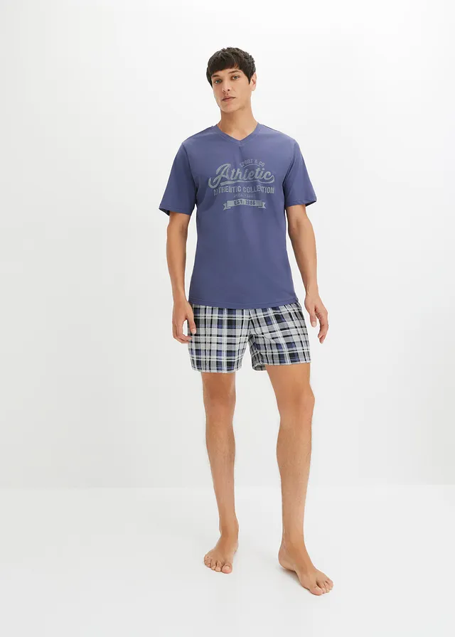 Pyjashort coton, Couleur: indigo carreaux