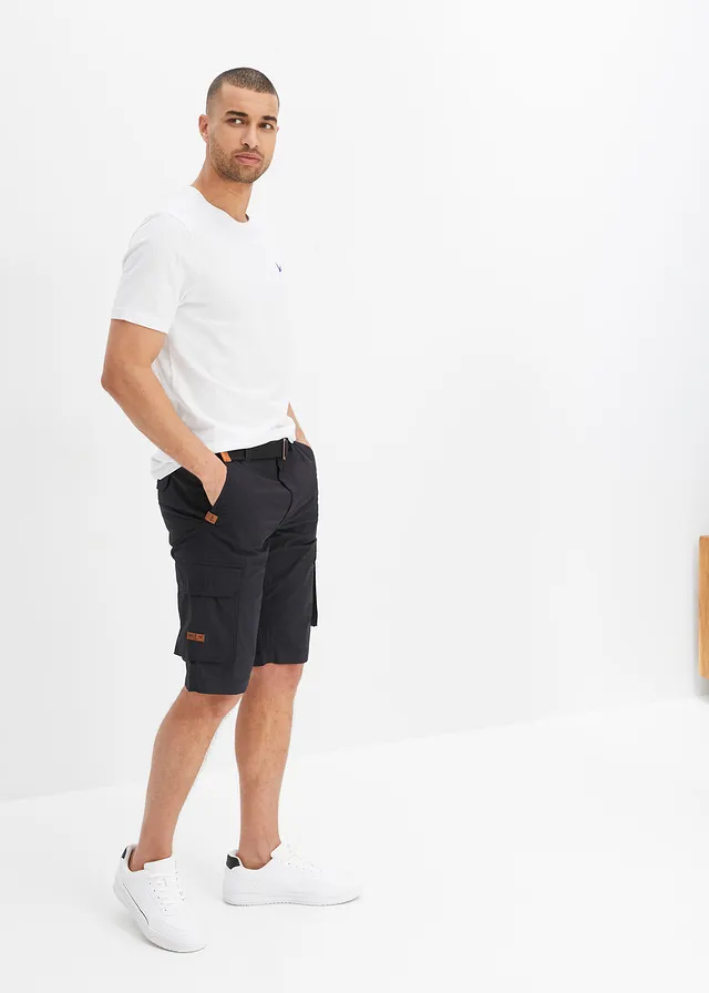 Cargo bermuda met comfortband en riem, regular fit, Kleur: zwart