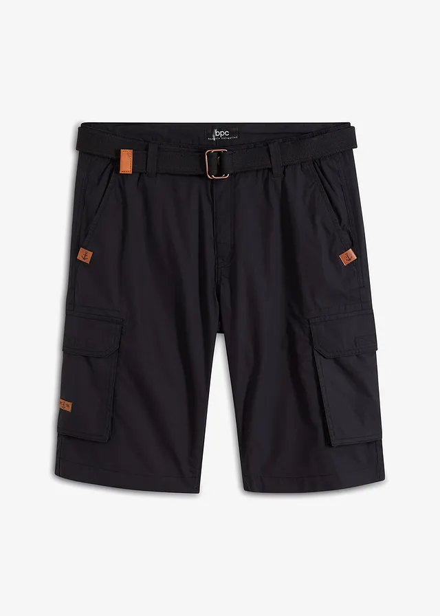 Cargo bermuda met comfortband en riem, regular fit, Kleur: zwart