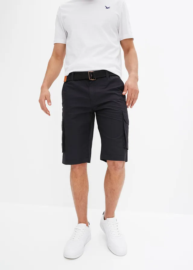 Cargo bermuda met comfortband en riem, regular fit, Kleur: zwart