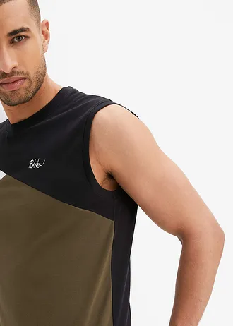 Muscle shirt van biologisch katoen • zwart-donkerolijfgroen-wit • bonprix online shop