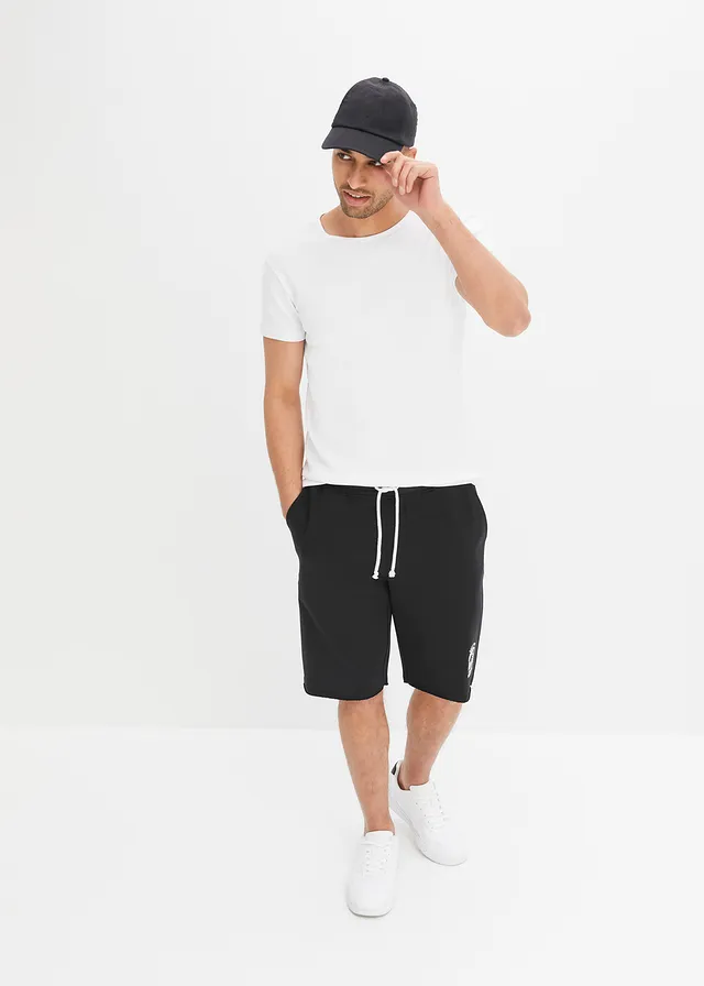 Bermuda sweat à bordures ouvertes en coton, Loose Fit, Couleur: noir
