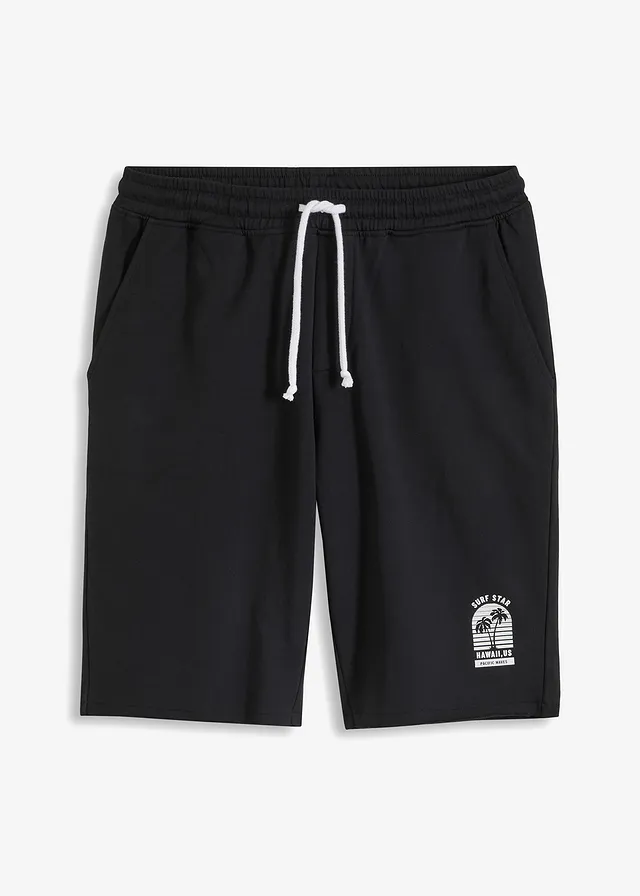 Sweat bermuda met onafgewerkte randen van biologisch katoen, loose fit, Kleur: zwart