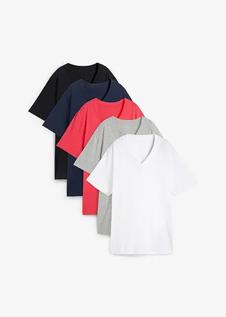 Lot de 5 T-shirts longs et amples à col V, Couleur: noir + rose hibiscus + gris clair chiné + blanc + bleu foncé