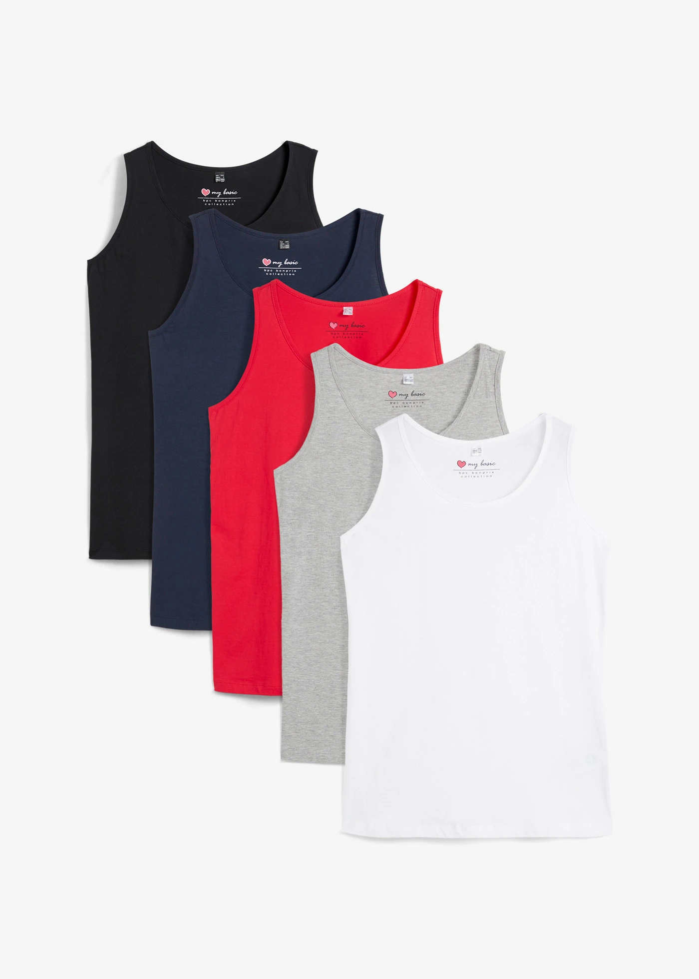 Longtop (set van 5) • aardbeirood+wit+lichtgrijs gemêleerd+donkerblauw+zwart • bonprix online shop