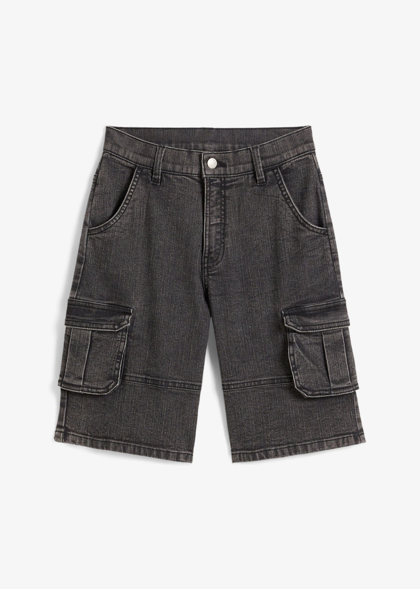 Jeansowe bermudy bojówki o kroju loose fit, z regulowanym pasem • czarny denim • sklep bonprix