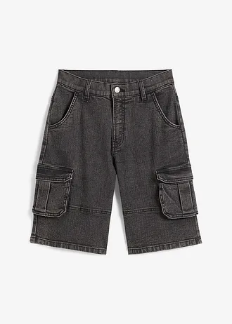 Cargo džínové bermudy s nastavitelným pasem, Loose Fit, barva: černý denim