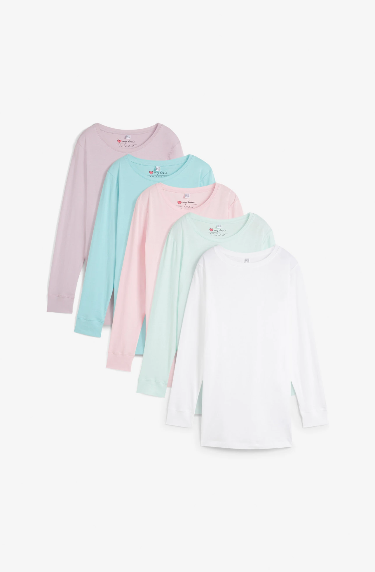 Longshirt met ronde hals, lange mouwen (set van 5) • kristalroze+pastelmint+mat aqua+rooklila+wit • bonprix online shop